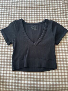 Garage Ribbed Deep V-Neck Short Sleeve Crop Top